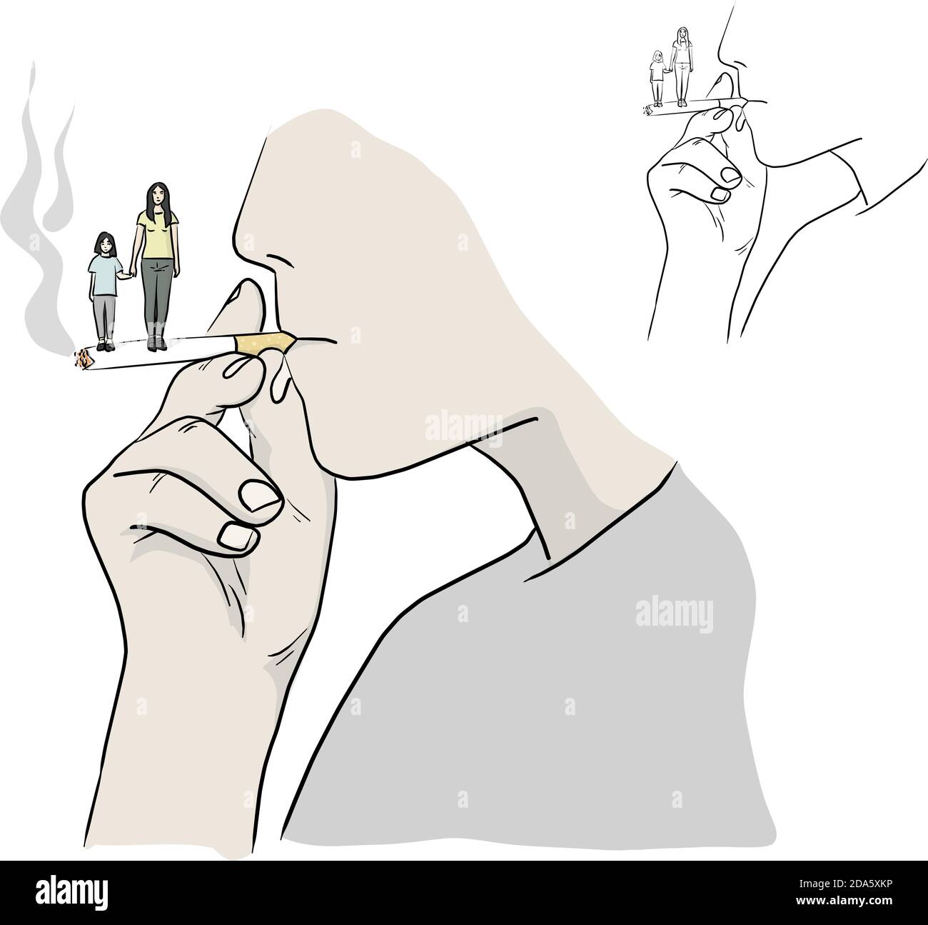 uomo che fuma con la sua famiglia sulla sua sigaretta vettore illustrazione schizzo doodle mano disegnata con linee nere isolate su sfondo bianco. Smettere di fumare Illustrazione Vettoriale