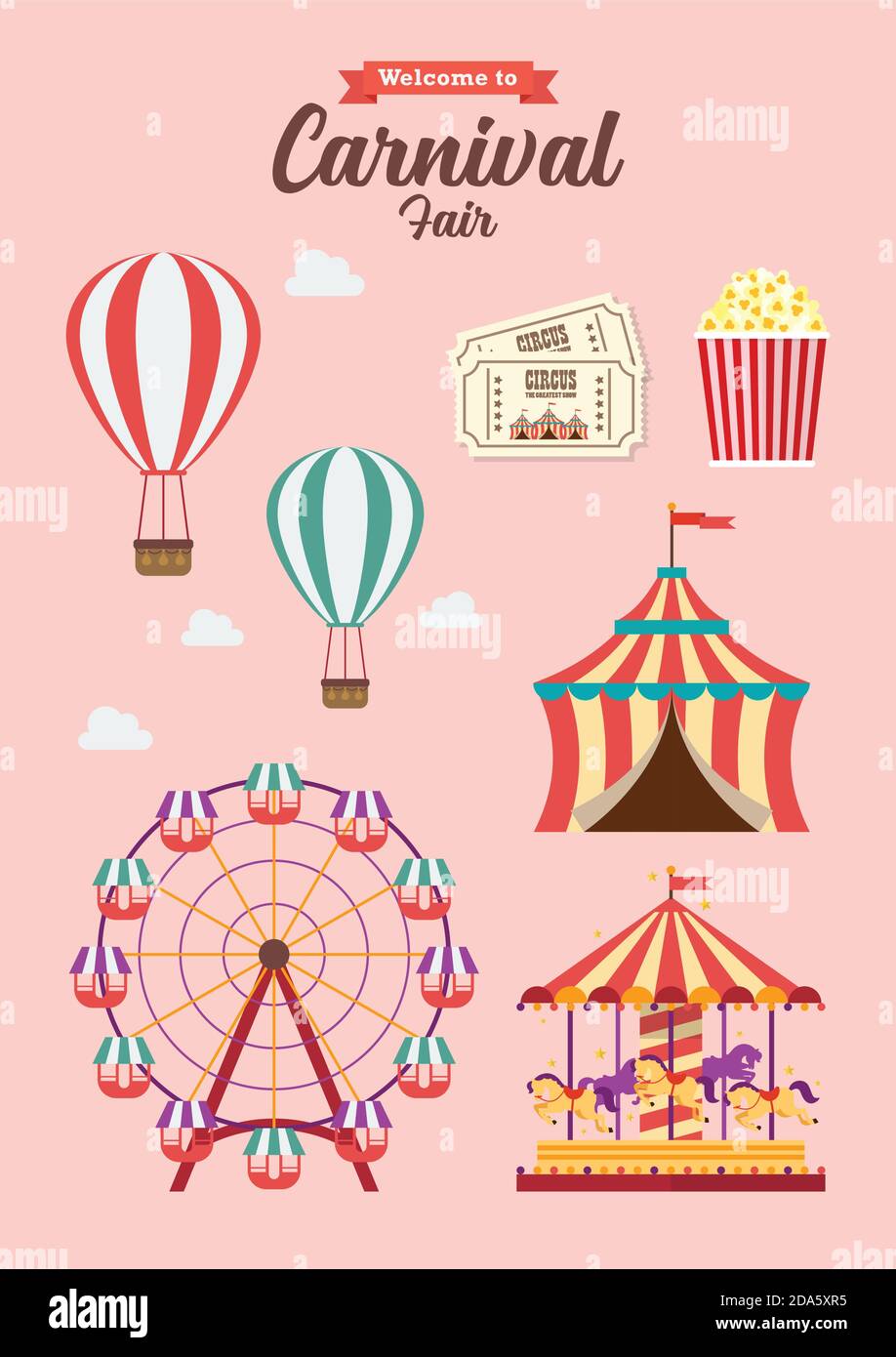 Carnival Festival Collection illustrazione vettoriale. Design in stile piatto, parco divertimenti, circo e set a tema per fiere, con montagne russe, giostre, ecc. Illustrazione Vettoriale