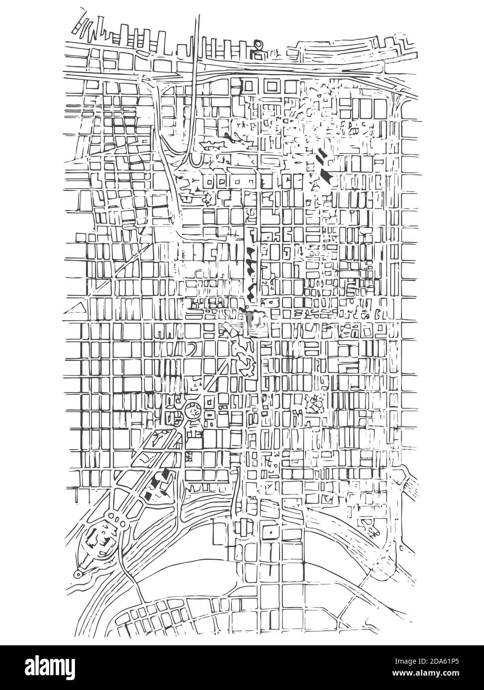Pianta urbana di una città, villaggio antico. Mappa della città di Doodle. Disegno di città vettoriale. Piano base futuristico Megalopolis City. Filadelfia . Illustrazione Vettoriale