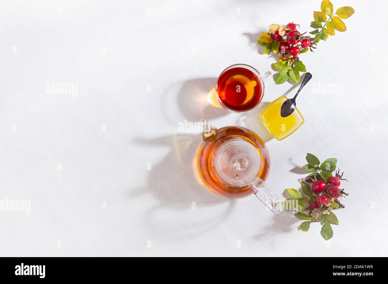 Tisane sane autunnali in teiera trasparente con tazza, miele, rosa cane ramo in luminoso accogliente sole travi di legno bianco tavolo vista dall'alto, spazio copia. Foto Stock