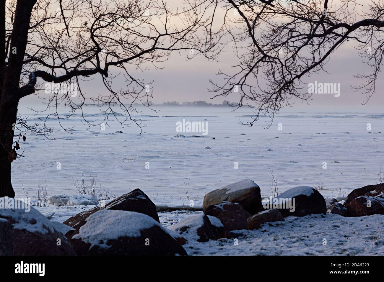 Freddo inverno pastello paesaggio colorato con riva ghiacciata e piccola isola lontano con silhouette rami neri e pietre come cornice, nord grave bac Foto Stock