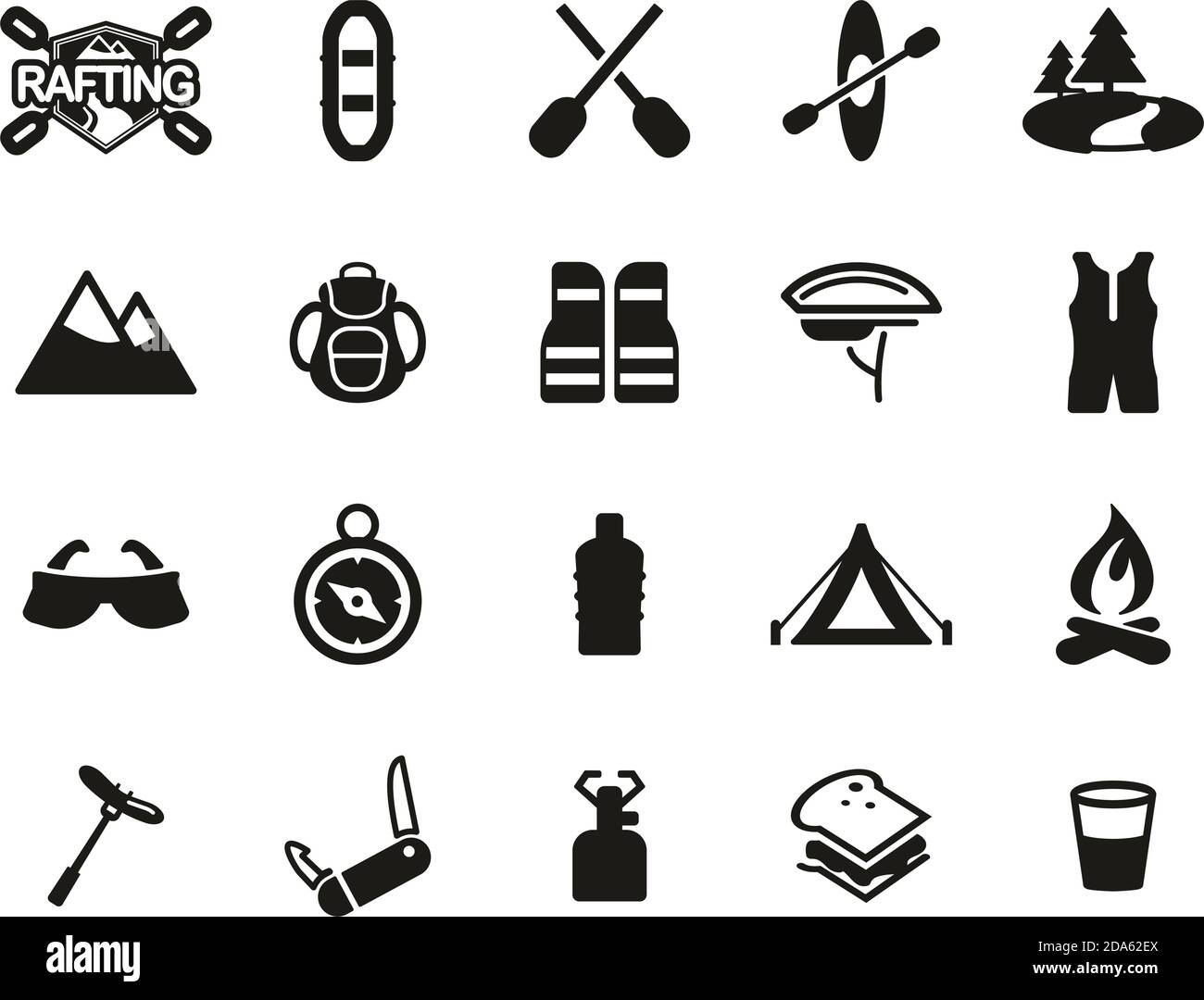 Rafting o White Water Rafting icone Black & White Set Grande Illustrazione Vettoriale