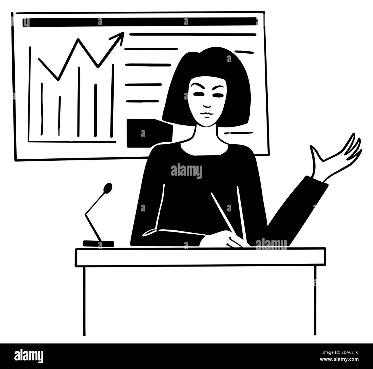 Felice giovane donna conferenza speaker. Scienziato su Podium per la presentazione. Illustrazione vettoriale stile doodle linea nera sfondo bianco Illustrazione Vettoriale