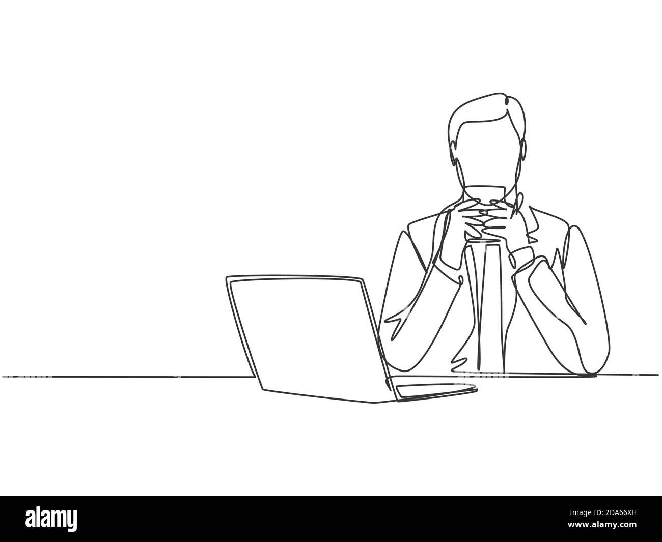 Un disegno continuo a linea singola di un giovane manager di marketing felice che guarda il grafico delle vendite sullo schermo del computer portatile mentre si gode l'aroma del caffè. Bere Illustrazione Vettoriale