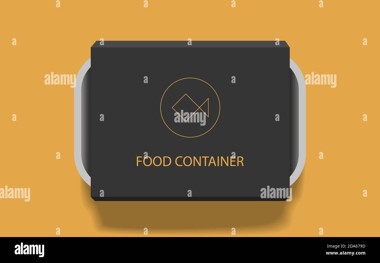 Svuotare il contenitore per alimenti nero con etichetta su sfondo giallo. Oggetto vettore isolato. EPS 10 Illustrazione Vettoriale
