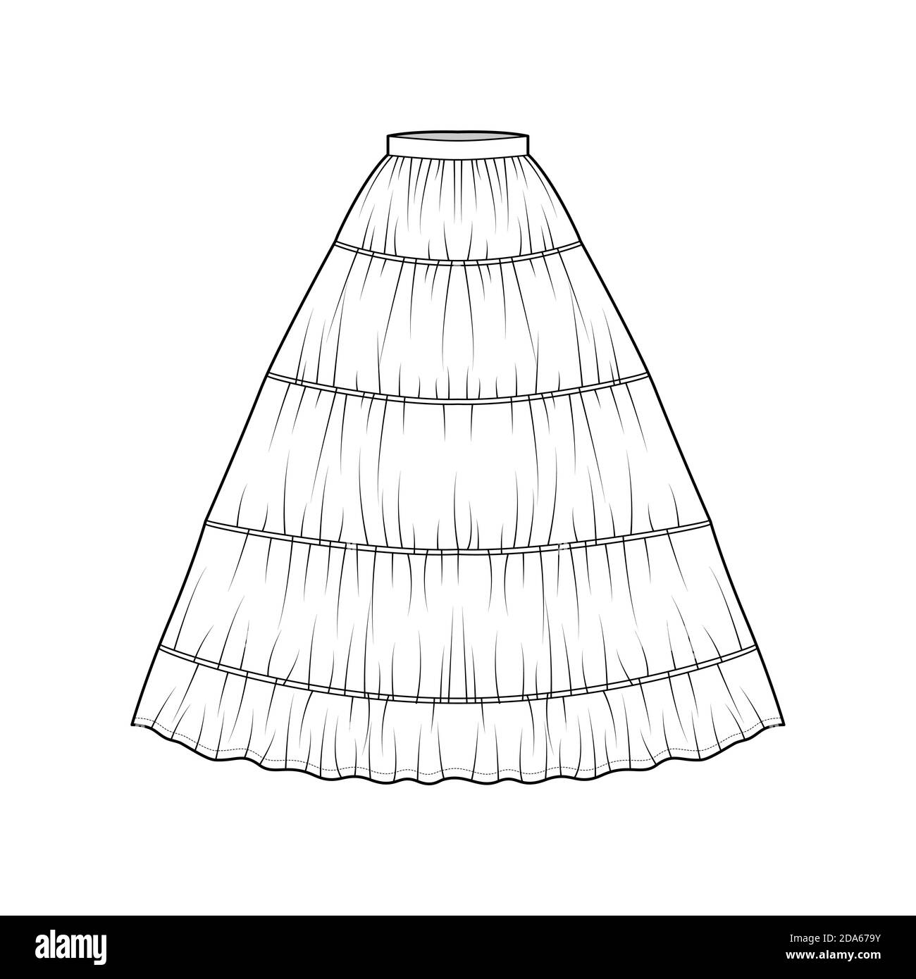 Gonna petticoat per abito tecnico moda illustrazione con maxi pavimento lunghezza silhouette, circolare pienezza. Parte anteriore del modello inferiore dell'indumento intimo piatto, colore bianco. Donne, uomini, unisex CAD mockup Illustrazione Vettoriale