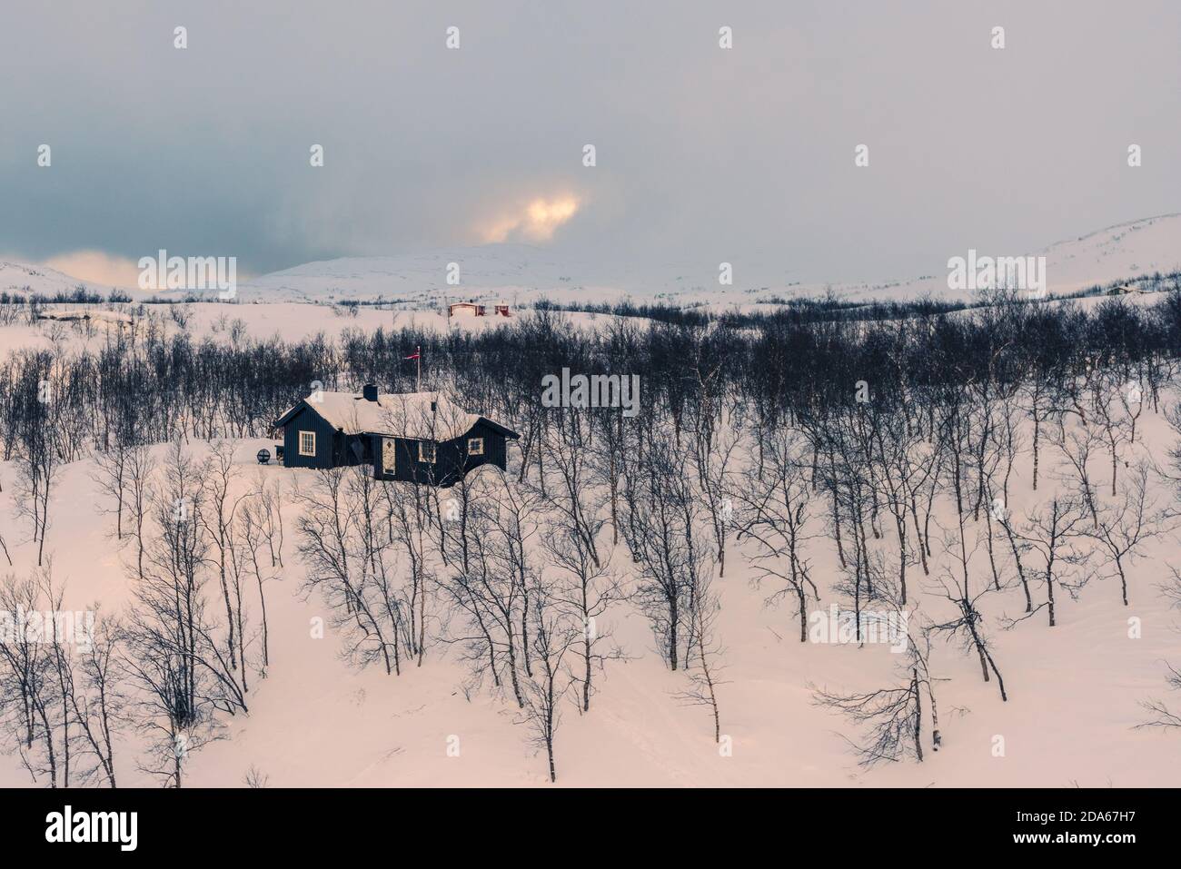 Vista panoramica del paesaggio invernale svedese in neve profonda Dal treno notturno da Narvik a Stoccolma in treno giorno invernale Foto Stock