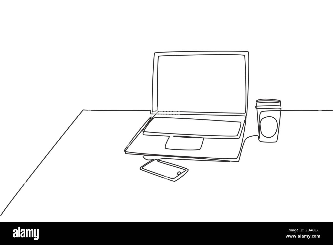 Disegno singolo continuo di computer portatile, smartphone e tazza di caffè  di carta alla scrivania dell'ufficio aziendale. Concetto di tavolo da  lavoro. Un disegno di linea Immagine e Vettoriale - Alamy