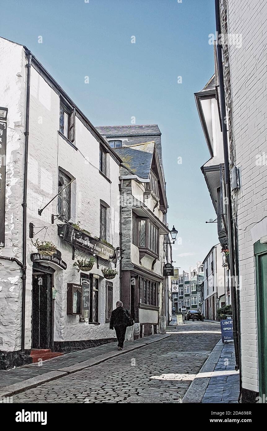 Illustrazione Archival New Street sul Barbican di Plymouth risale ai tempi di Tudor. Attualmente chiusa al pubblico la Casa elisabettiana è una pinna Foto Stock