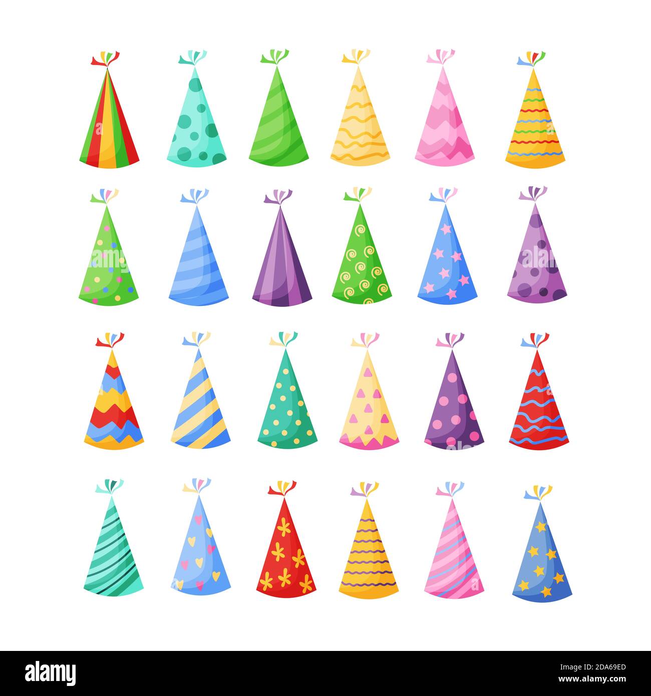 I cappelli della festa di compleanno impostano l'illustrazione vettoriale in uno stile piatto del cartone animato isolato su sfondo bianco. Illustrazione Vettoriale