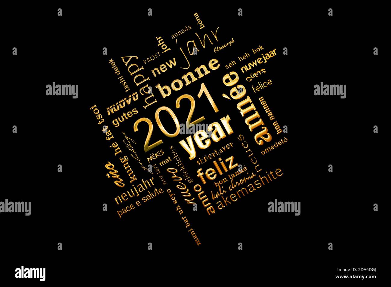 biglietto d'auguri multilingue per il nuovo anno 2021 per la nuvola di parole dorate su sfondo nero Foto Stock