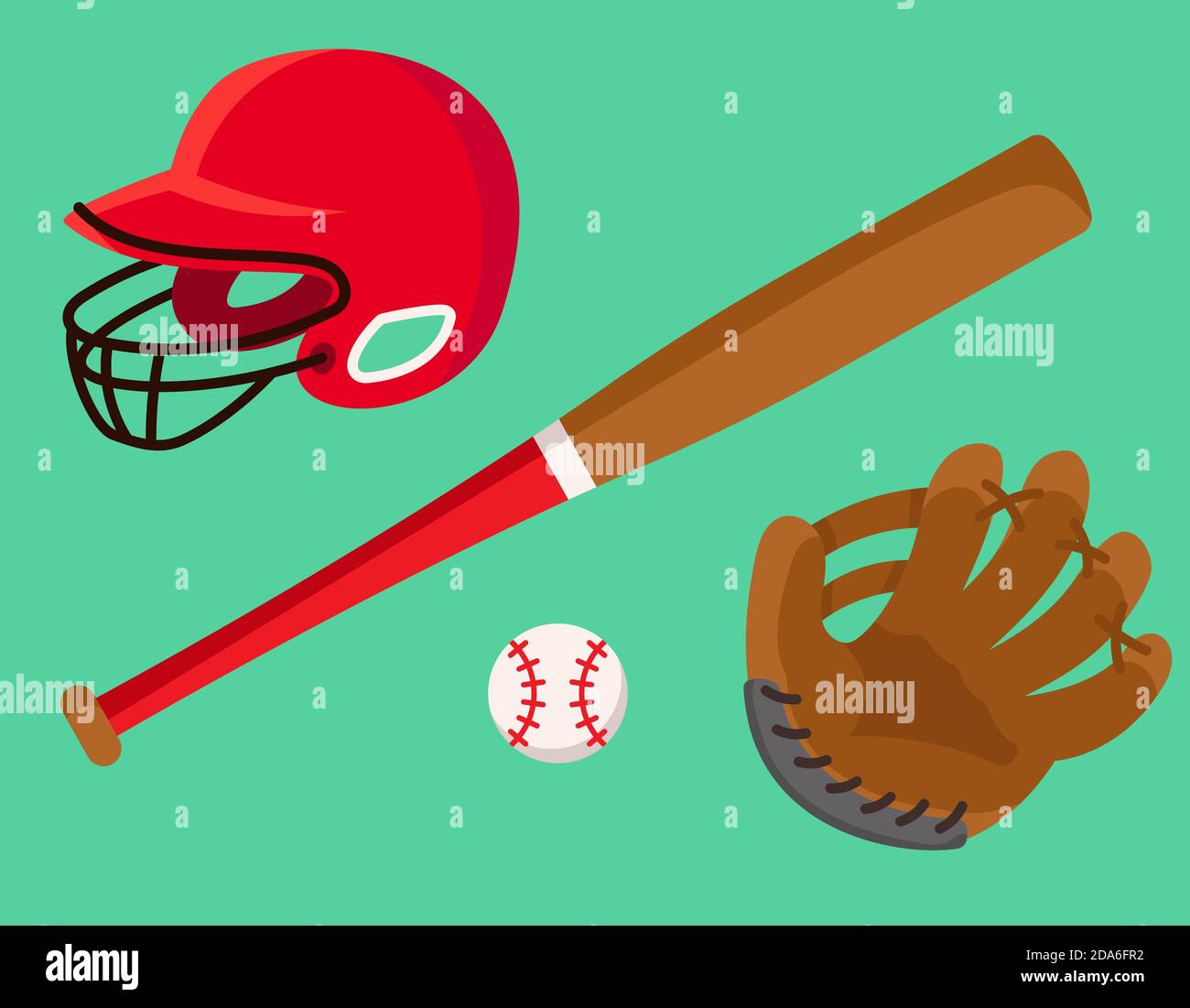 Set di accessori da baseball. Attrezzature sportive in stile cartoon. Illustrazione Vettoriale