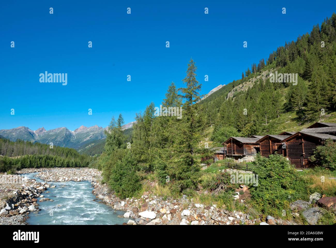 Svizzera, Vallese, Wallis, Lötschental, rivière, Fluss, fiume, Lonza, Kühmad, Chiemad, sito protégé, Réserve naturelle, Naturschutgebiet, natura re Foto Stock