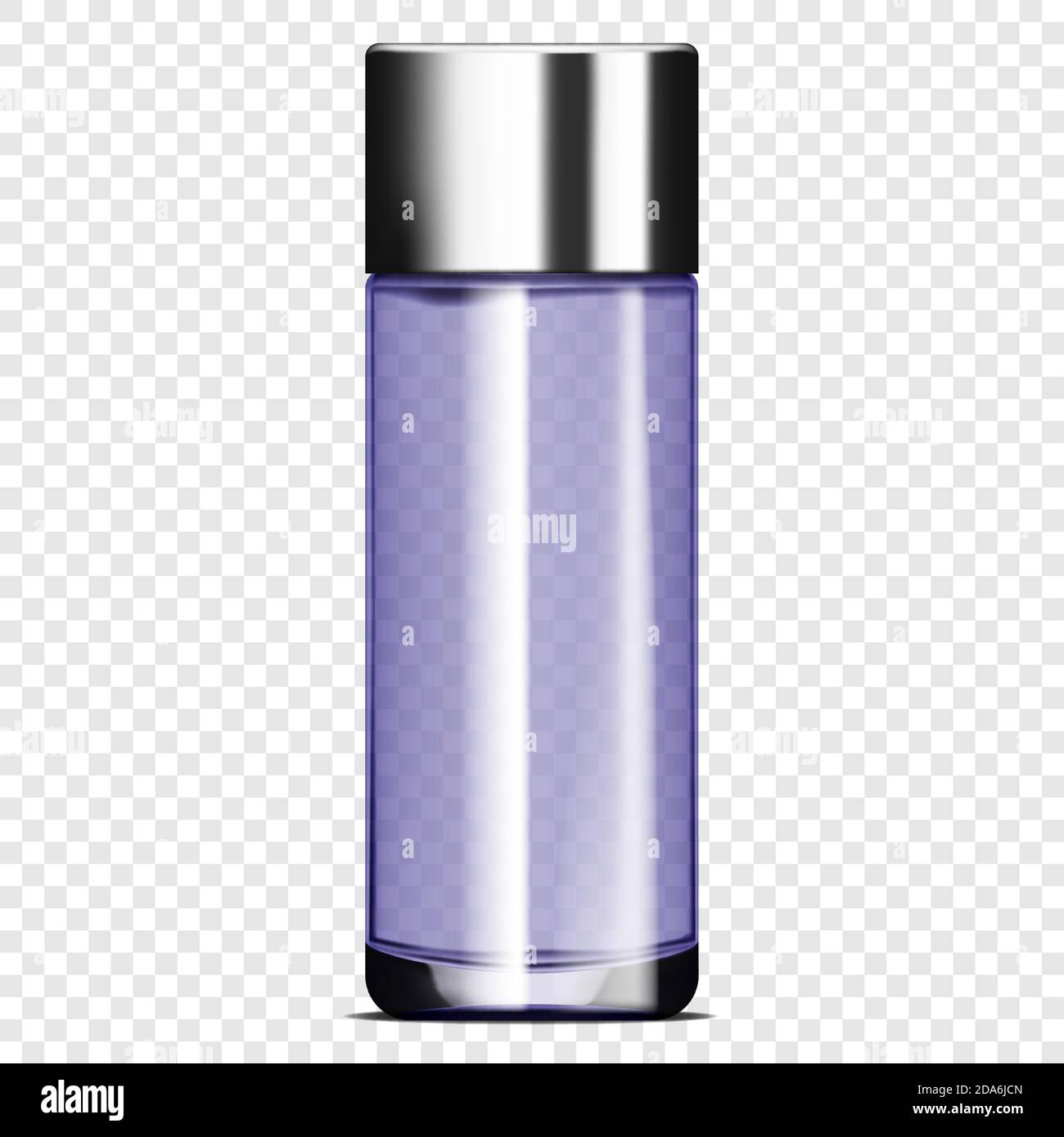 Bottiglia in vetro trasparente con tappo in metallo su sfondo trasparente, mockup vettoriale realistico. Confezione di prodotti cosmetici, modello per la progettazione Illustrazione Vettoriale