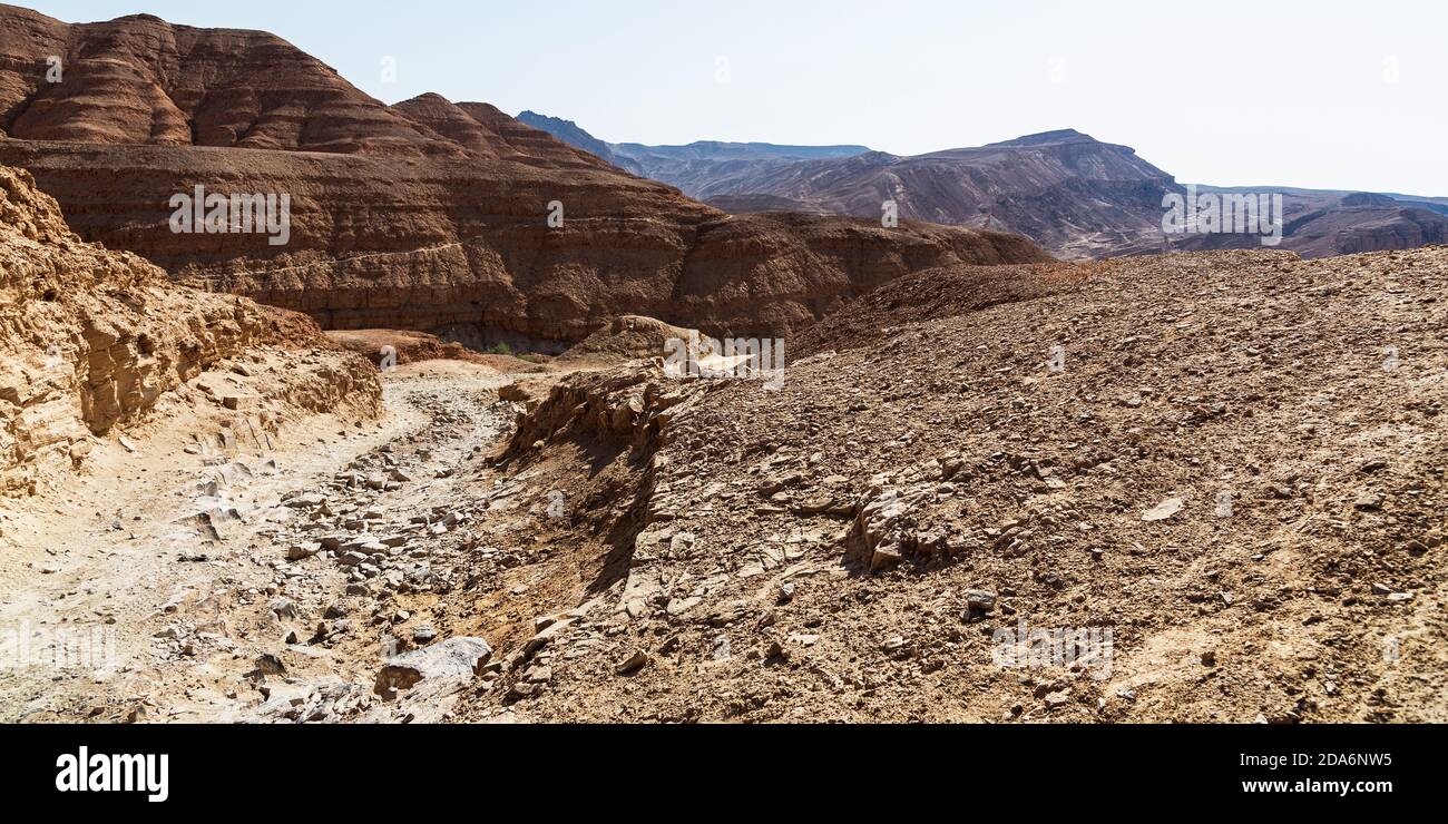 Si possono vedere la montagna karbolet di cockscomb e il ruscello nahal nekarot sullo sfondo dalla salita delle palme del dekalim il percorso incenso a makhtesh Foto Stock