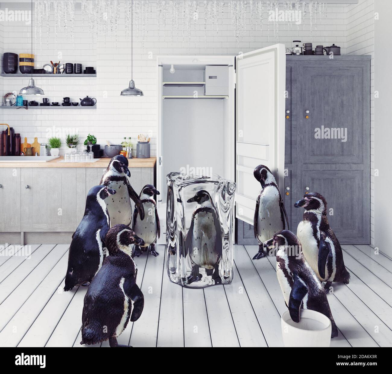 il gruppo dei pinguini trova frosen uno nel frigorifero. Concetto creativo di mix foto e 3d Foto Stock