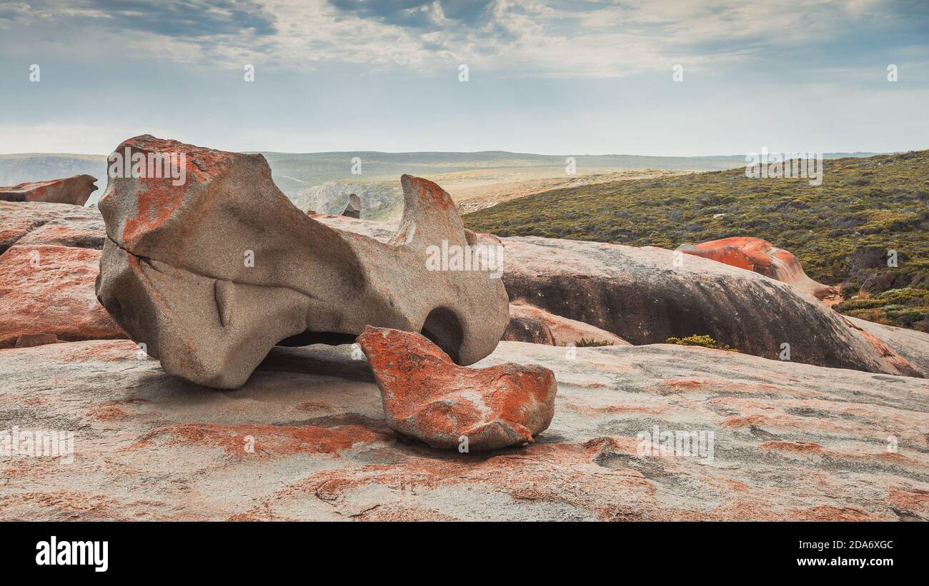 Impressionanti rocce notevoli prima del fuoco di cespuglio, Kangaroo Island, Australia del Sud Foto Stock