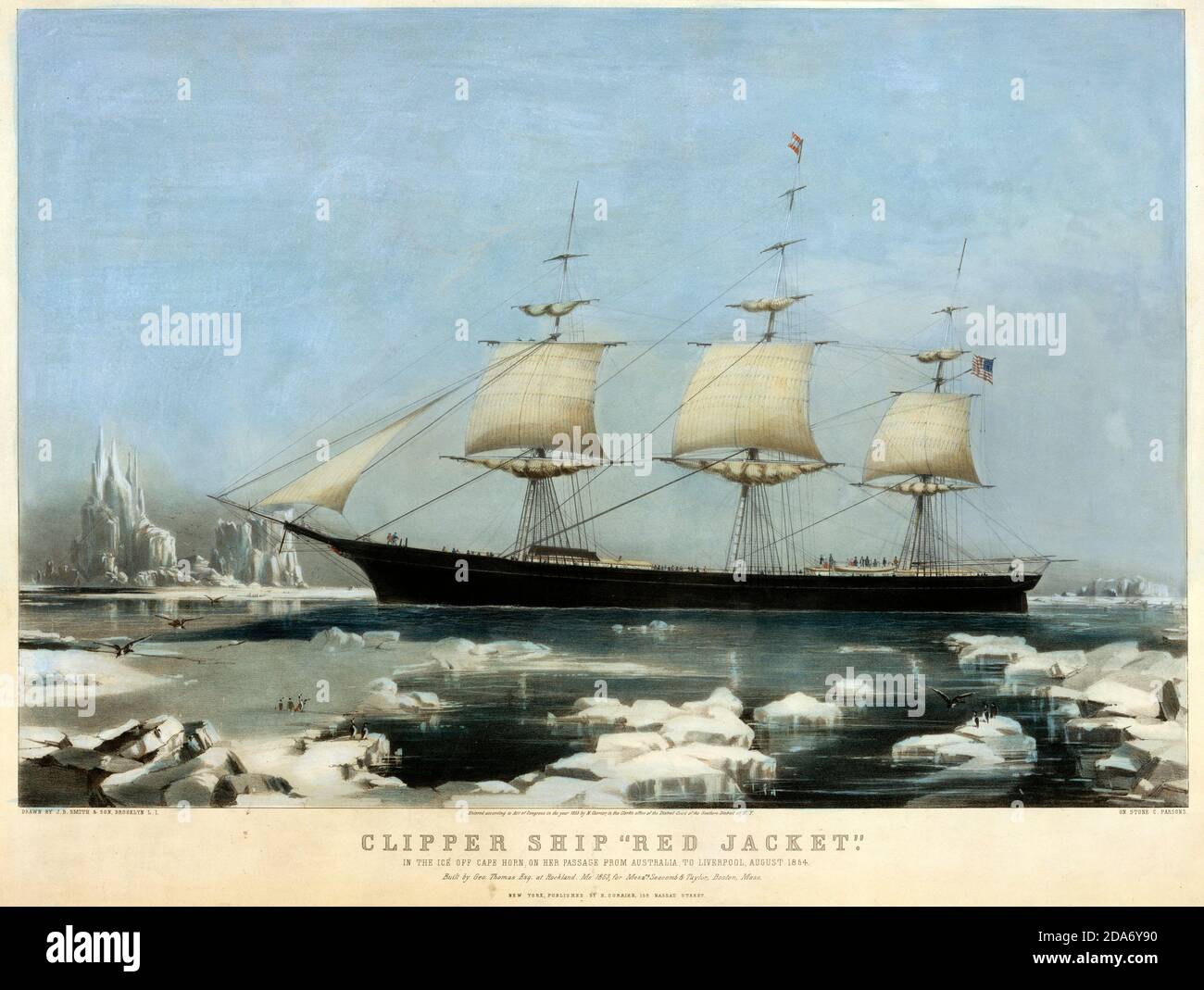 Clipper Ship 'Red Jacket': In the Ice Off Cape Horn, sul suo passaggio dall'Australia, a Liverpool, agosto 1854. Litografia colorata a mano. Red Jacket era una nave Clipper, una delle più grandi e più veloci mai costruite. È stata anche la prima nave della compagnia White Star Line. Prende il nome da Sagoyewatha, un famoso capo indiano Seneca, chiamato 'Red Jacket' dai coloni. Fu progettata da Samuel Hartt Pook, costruita da George Thomas a Rockland, nel Maine, e lanciata nel 1853, l'ultima nave ad essere lanciata da questo cantiere. Foto Stock