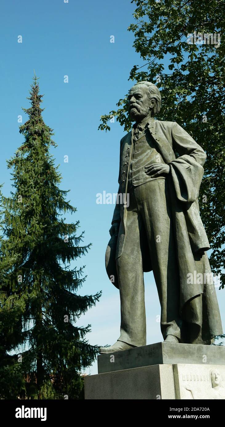 Statua Bedrich Smetana scultura monumento pietra punto di riferimento con l'iscrizione monumento-protetto, monumento culturale, famosa musica ceca compositore Foto Stock