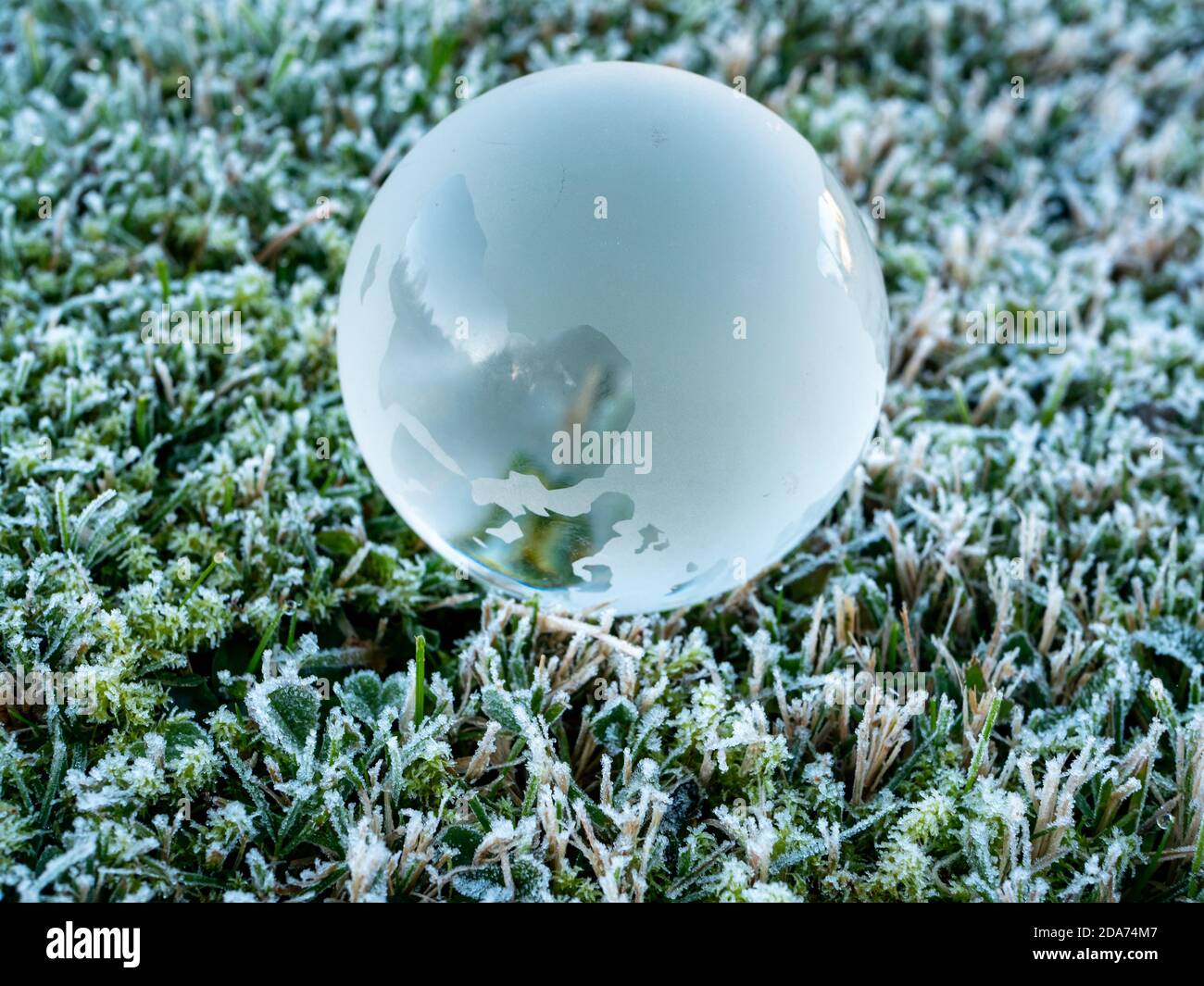 Globo di vetro in un prato con gelo Foto Stock