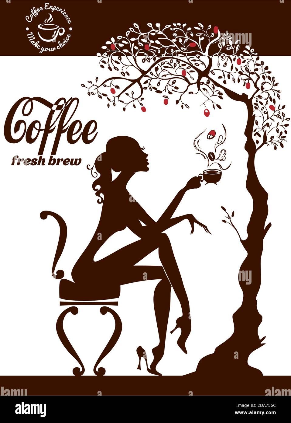 Menu caffè. Una ragazza elegante si siede su una sedia vicino ad un albero con i fagioli di caffè e beve il caffè da una tazza Illustrazione Vettoriale