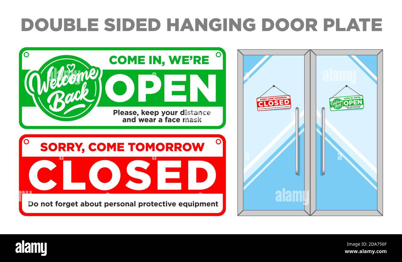 Piastra porta appesa su due lati aperta e chiusa. Entra e vieni domani colore rosso e verde. Vettore Illustrazione Vettoriale