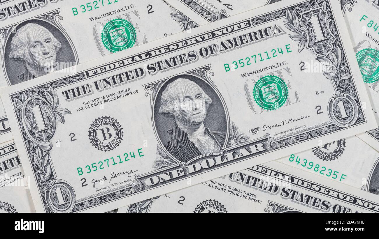Un colpo vicino del volto di George Washington su un conto di 1 dollaro USA  / un dollaro. Per il valore di dollari, economia degli Stati Uniti, tasso  di cambio del dollaro,