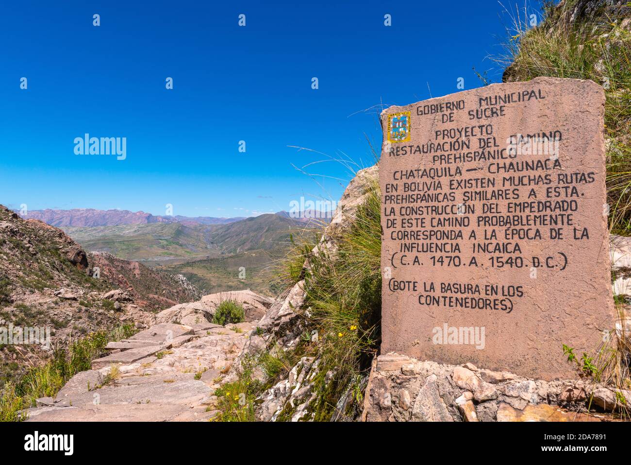 Il restaurato cammino Inca Camino de Inca tra Chataquila e Chaunaca, comune Sucre, Ande, Bolivia, America Latina Foto Stock