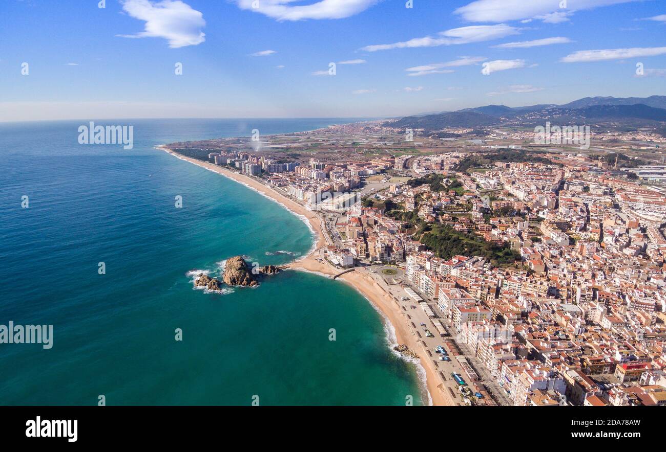 Vista aerea di tutta la spiaggia di Blanes sul Costa Brava in Spagna Foto Stock