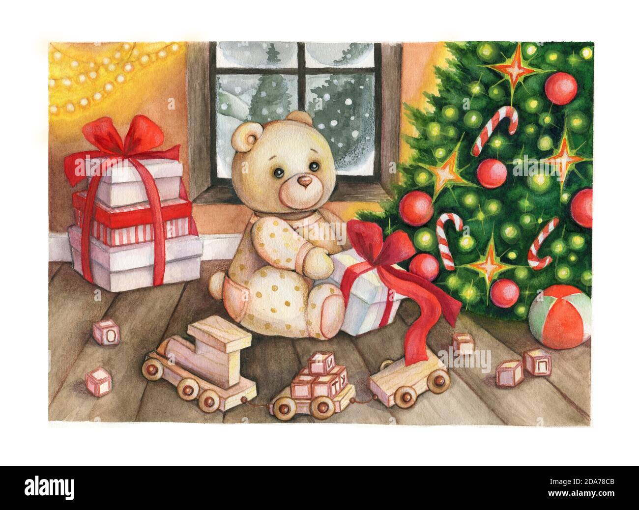 Illustrazione della favola di Natale. Orsacchiotto, regali e un albero di Natale Foto Stock