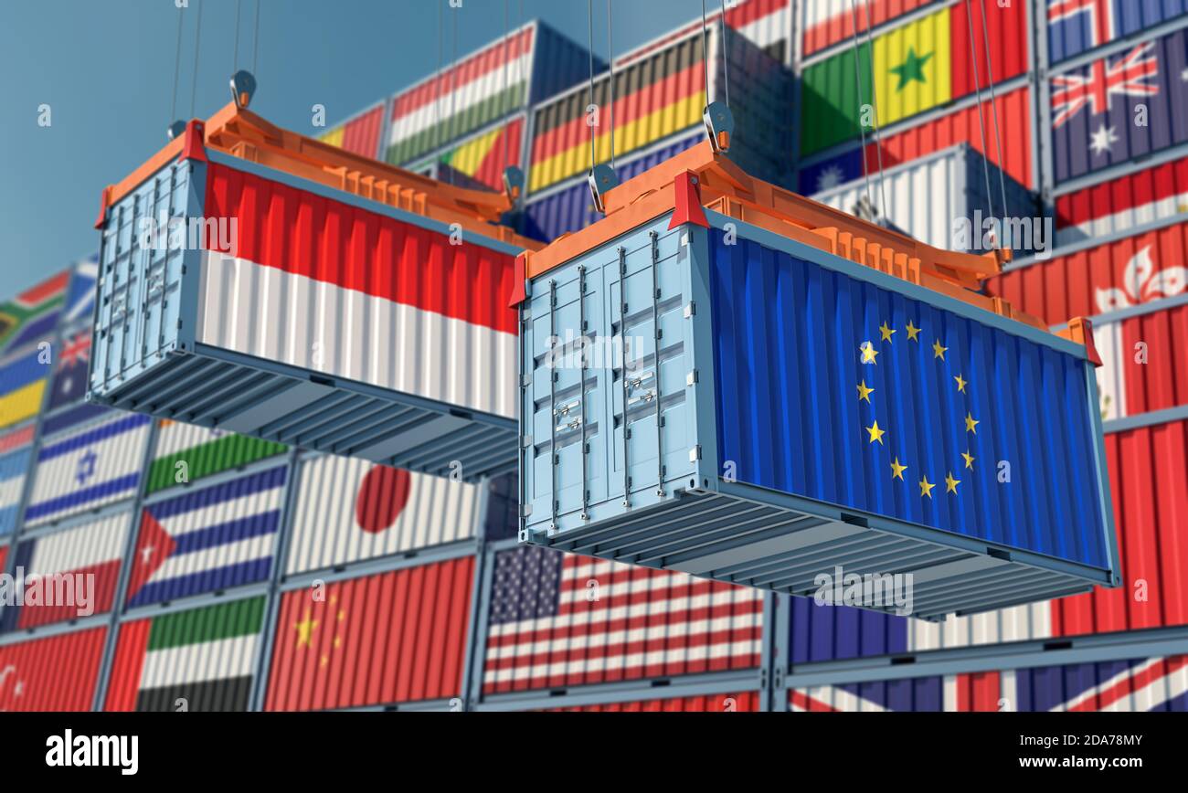 Container con bandiera dell'Unione europea e dell'Indonesia. Rendering 3D Foto Stock