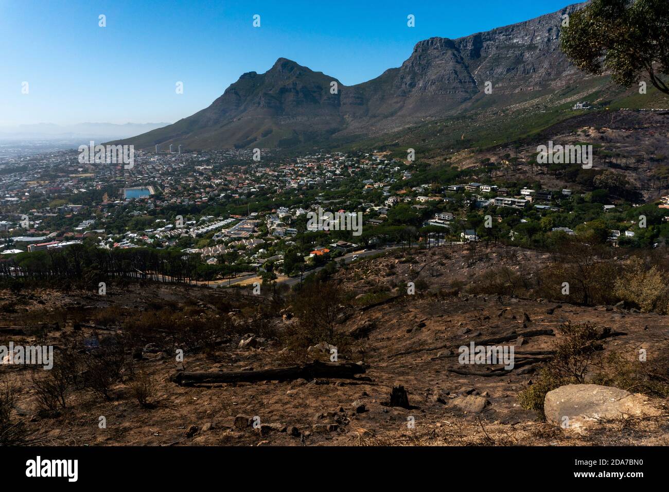 Table Mountain dalla testa del Leone in seguito ai fuochi d'incendio Foto Stock