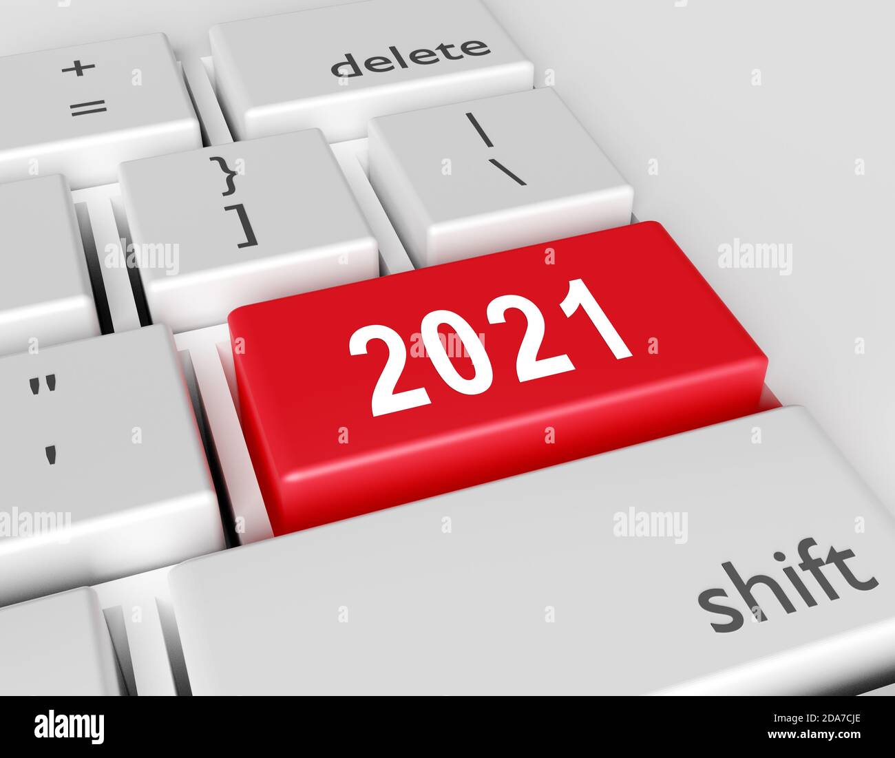 Il numero 2021 è scritto sulla tastiera di un computer. Immagine del nuovo anno su una chiave del computer immettere. rendering 3d Foto Stock