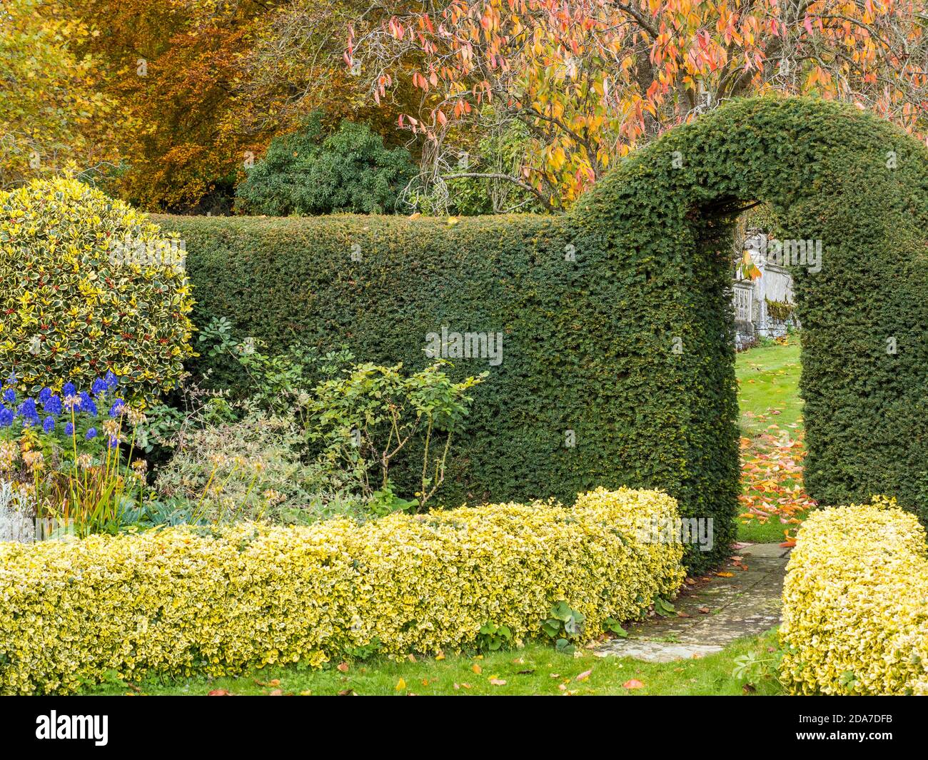 Hedge Garden con Arch, Englefield House Garden, Englefield Estate, Englefield, Berkshire, Inghilterra, Regno Unito, GB. Foto Stock