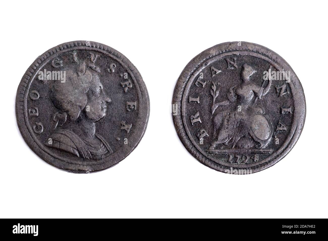 Britannia British Shilling 1724 Re Giorgio la prima vecchia moneta denaro Foto Stock