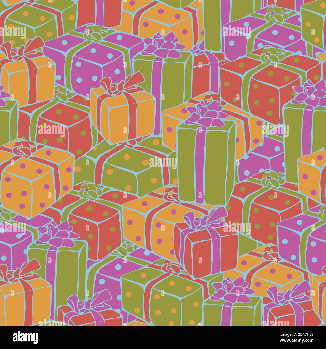 Modello vettoriale senza giunture di diverse confezioni regalo colorate. Design per la carta da imballaggio. Illustrazione Vettoriale