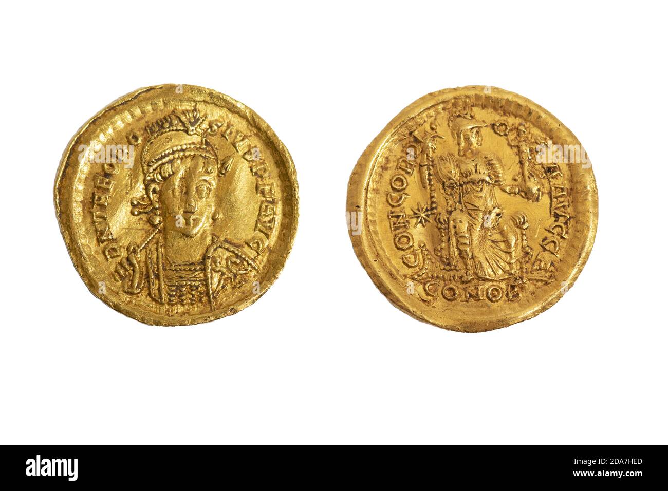 Solidus Romano di Teodosio II 402 - 450 d.C. moneta Foto Stock