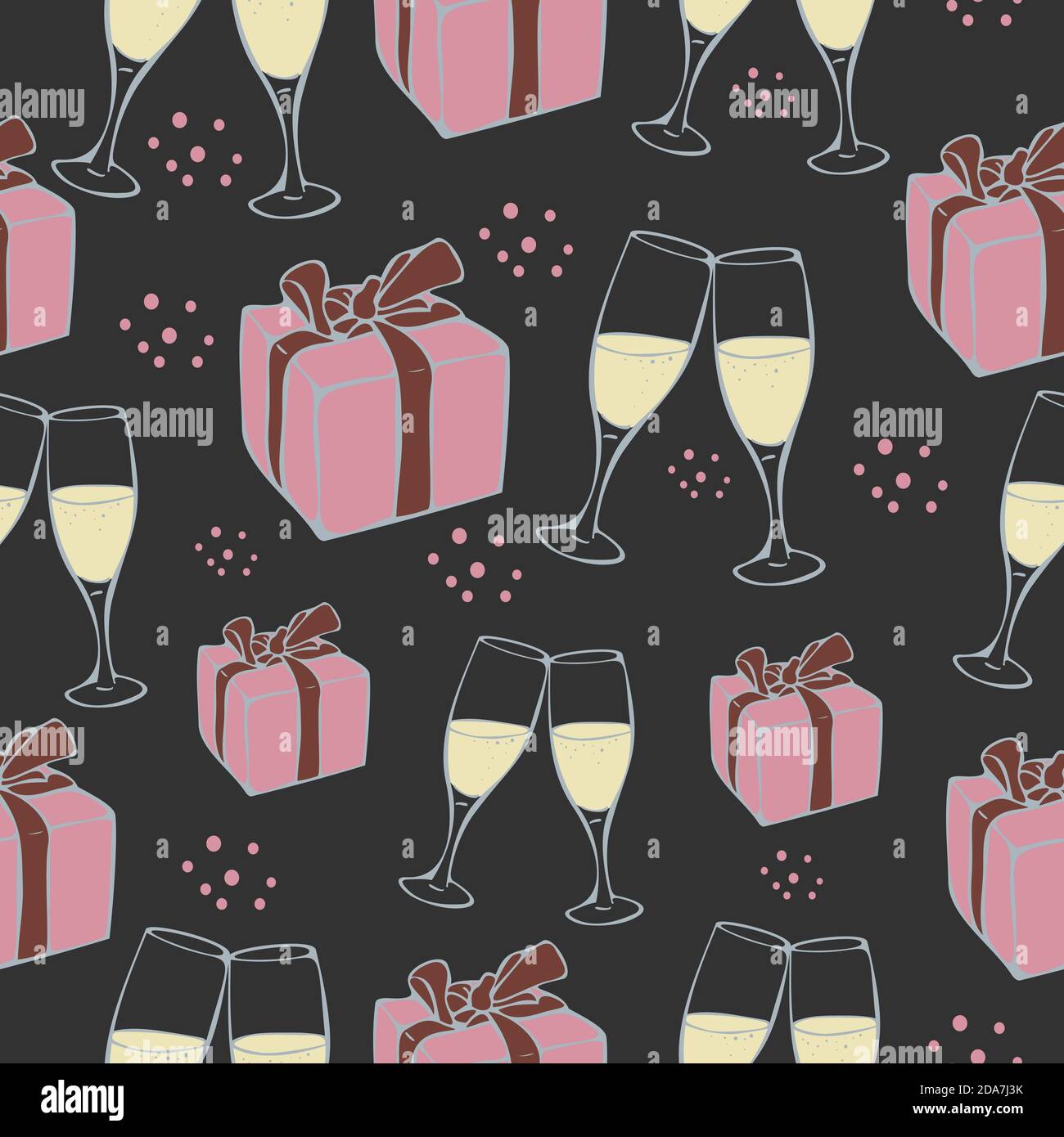 Modello vettoriale senza cuciture con scatole regalo e bicchieri da champagne su sfondo scuro. Design regalo. Illustrazione Vettoriale