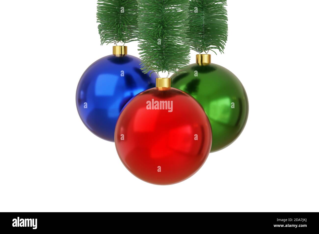 Tre palline di natale rosse, verdi e blu isolate su sfondo bianco. Foto Stock
