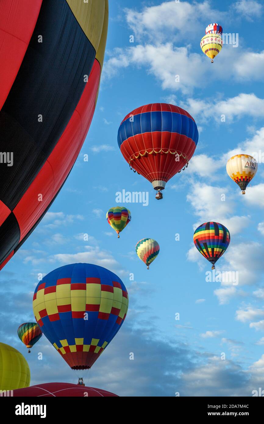 Colorate mongolfiere in volo, Massa Ascensione, Albuquerque International Balloon Fiesta di Albuquerque, Nuovo Messico USA Foto Stock