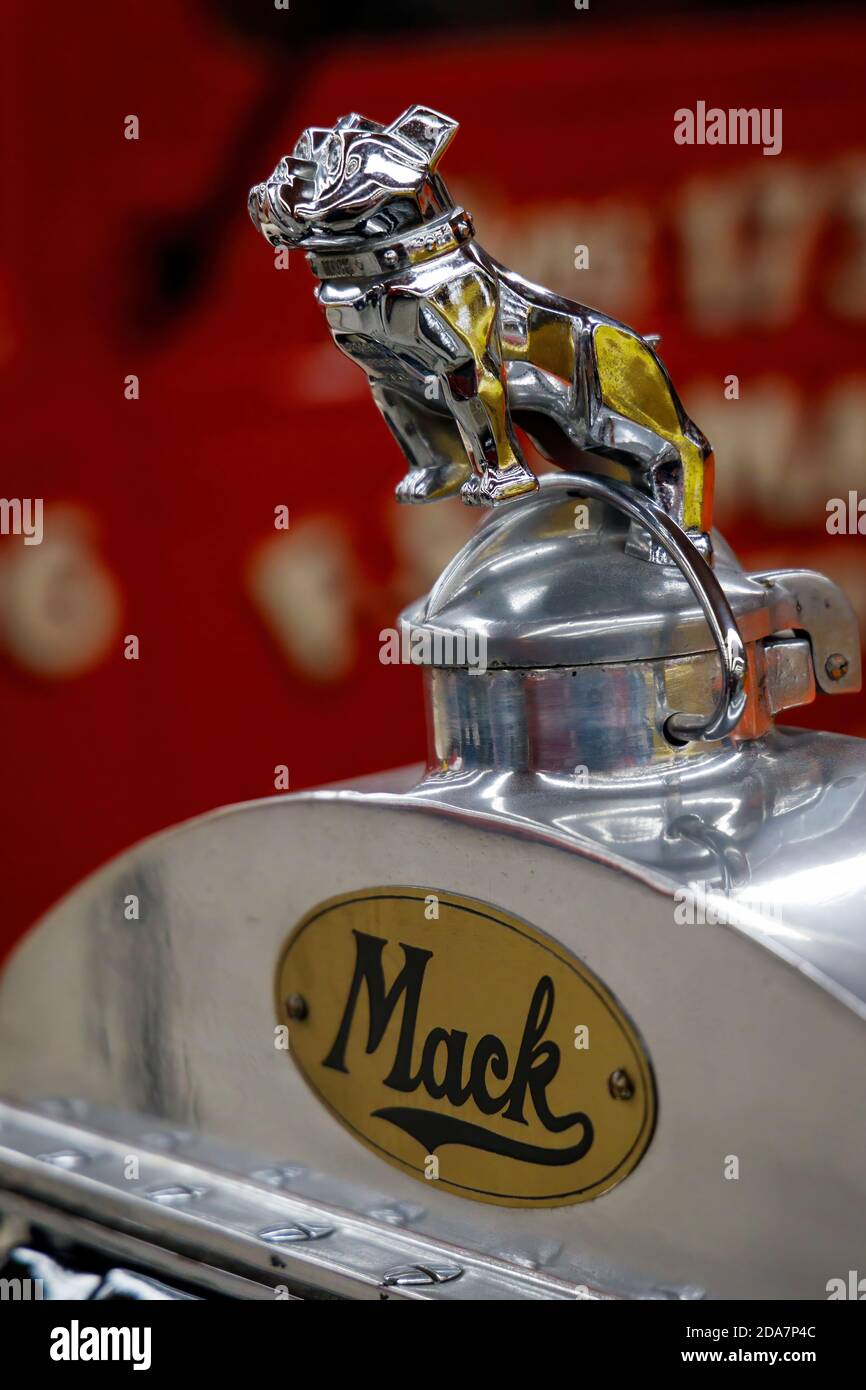 Il logo del marchio Mack Trucks il Bulldog su vari veicoli al museo Bill Richardson Transport World, Invercargill, Nuova Zelanda. Foto Stock