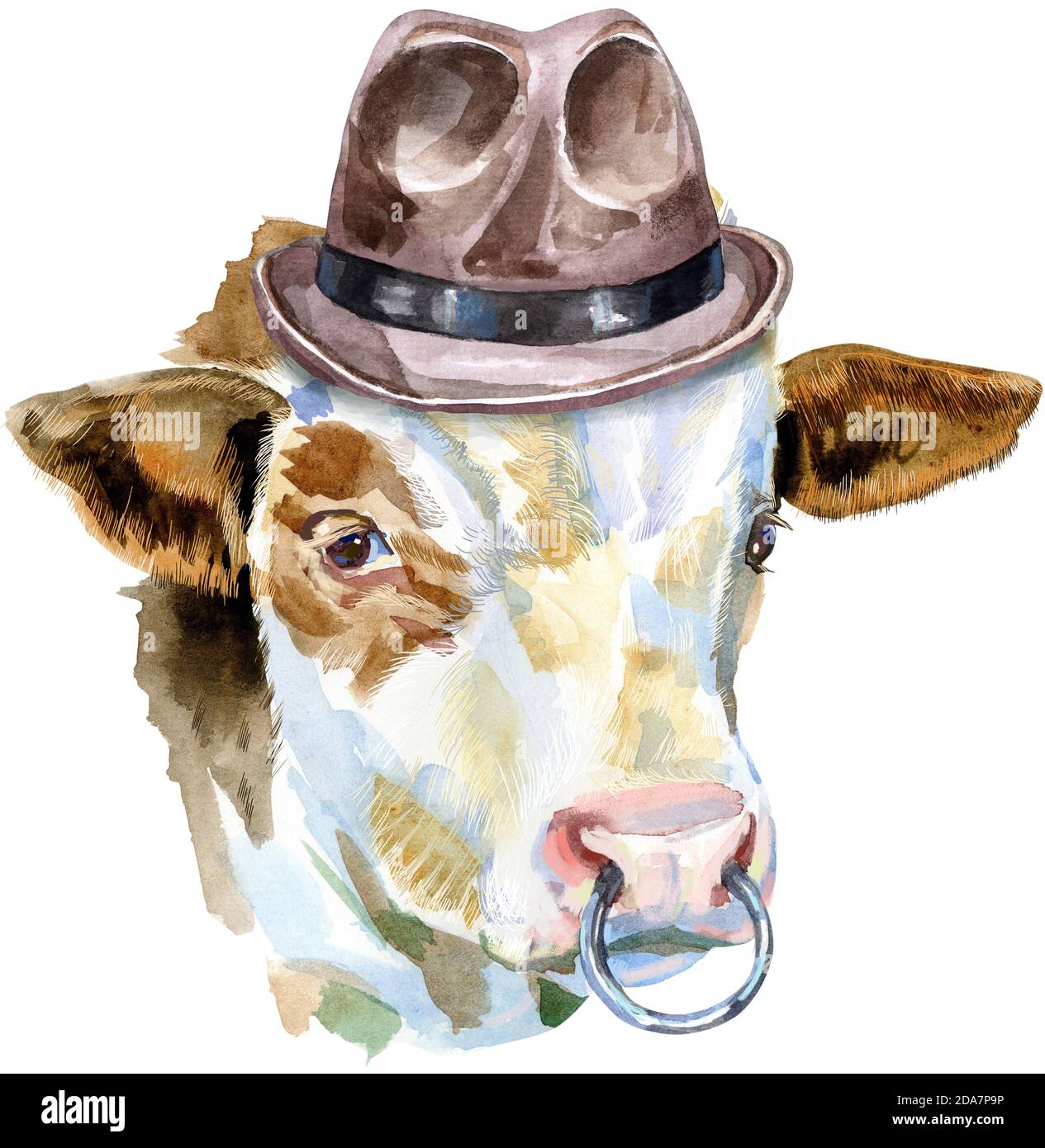 Illustrazione acquerello di un toro bianco con cappello marrone Foto Stock