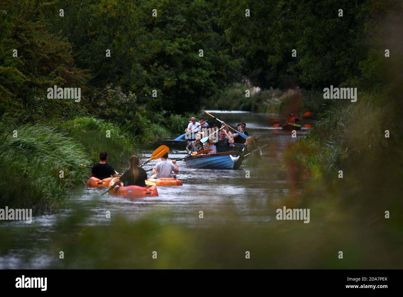 Persone che si smessavano in piccole barche lungo la bella Basingstoke Canale vicino a Odiham in Hampshire Foto Stock