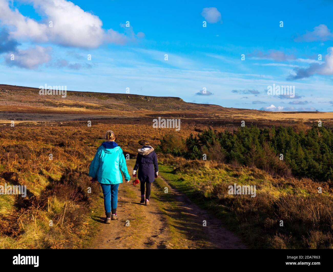 Escursionisti che si godono una passeggiata a Beeley Moor nel Derbyshire Peak District Inghilterra Regno Unito Foto Stock