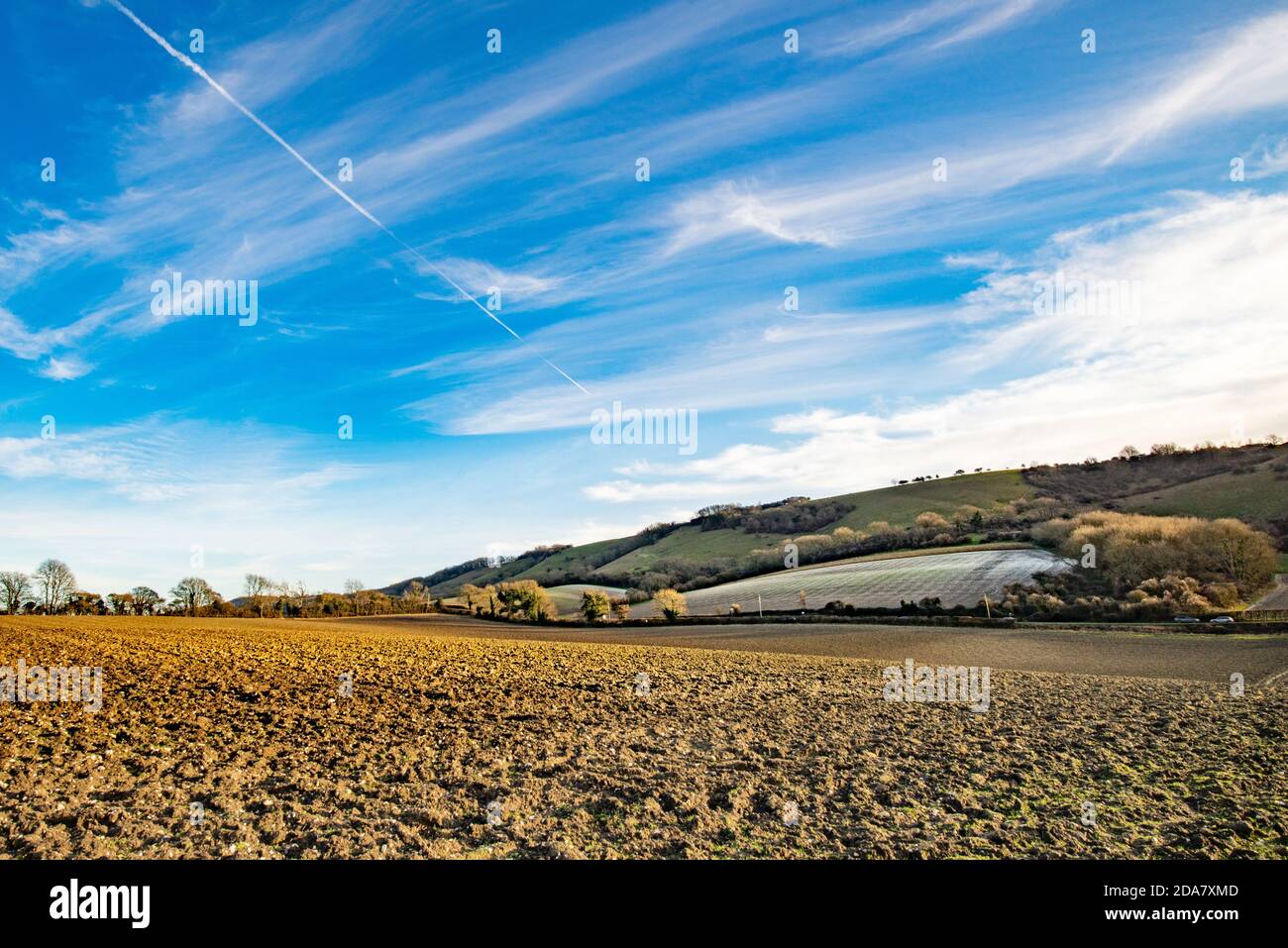 Campo arato sotto i South Downs a West Sussex, Inghilterra, Regno Unito Foto Stock