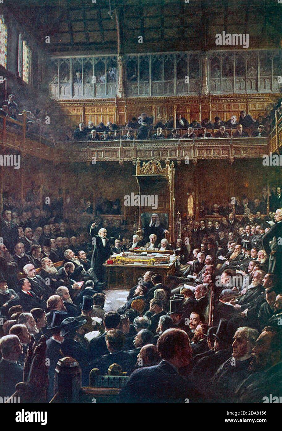 WILLIAM EWART GLADSTONE (1809-1898) come primo ministro che ha presentato il secondo disegno di legge irlandese sulla regola domestica alla Camera dei Comuni il 13 febbraio 1893. Foto Stock