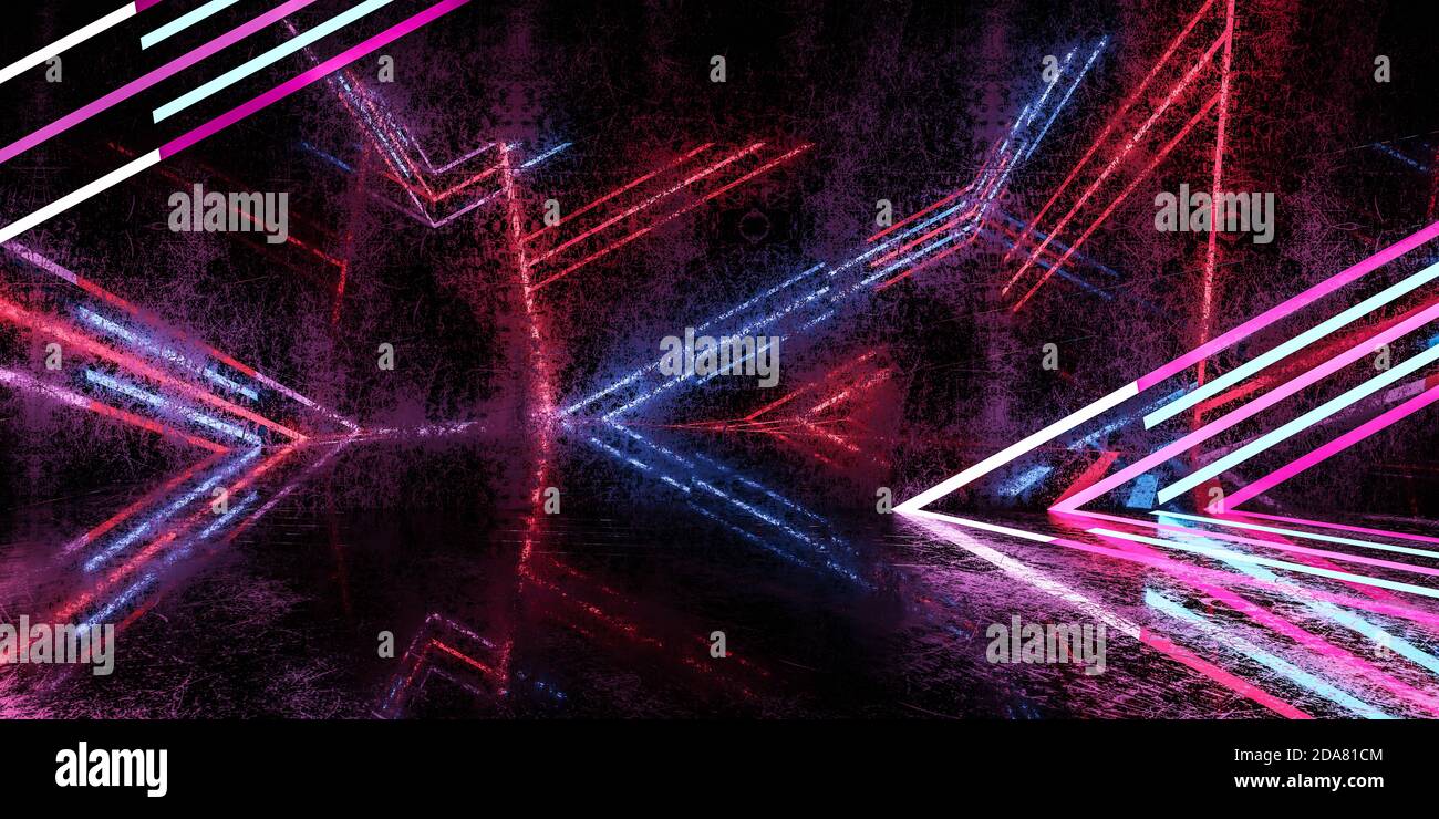 360 full equirettular panorama scuro astratto riflettente sala neon futuristico illustrazione del rendering 3d di illuminazione Foto Stock