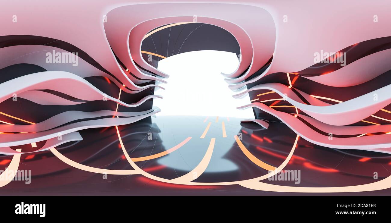 360 full equirettular panorama scuro astratto metallo acciaio hall futuristico illustrazione del rendering 3d di illuminazione Foto Stock