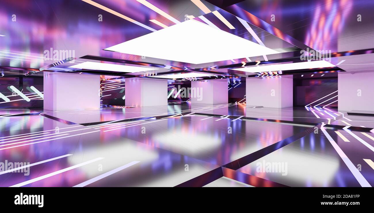 360 full equirettular panorama scuro astratto riflettente sala neon futuristico illustrazione del rendering 3d di illuminazione Foto Stock