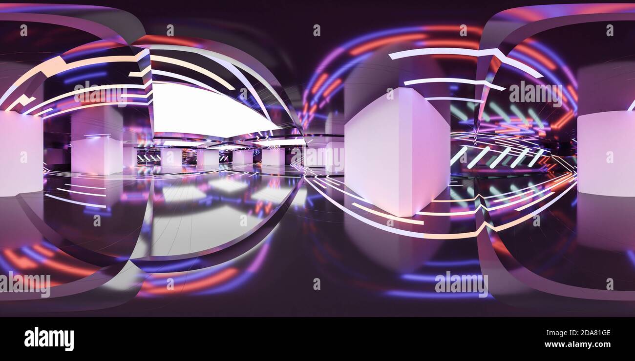 360 full equirettular panorama scuro astratto metallo acciaio hall futuristico illustrazione del rendering 3d di illuminazione Foto Stock